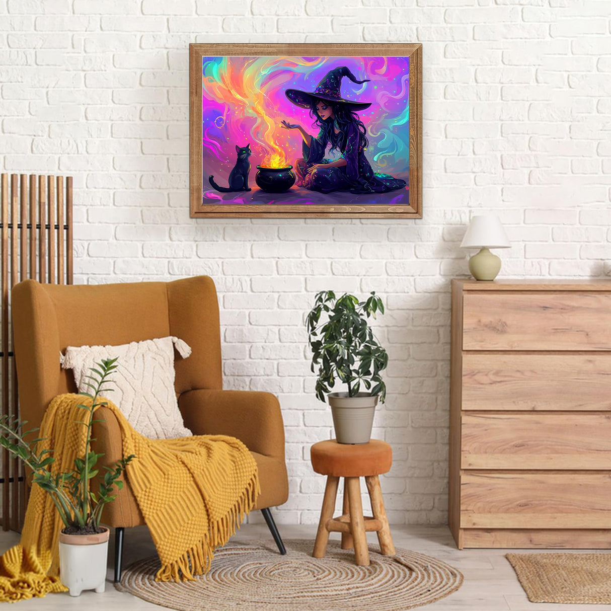 HEIBAGO Halloween Witch Diamond Art Kits for Adults, 5D Full Drill Round Black Cat Painting Gems with Magic Witch Diamond Painting, Diamond Dots Perfect for Home Wall Decor 12x16inch HEIBAGO