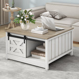 DWVO Farmhouse Coffee Table with Storage: Wooden Square Center Table with Sliding Barn Door, Small Living Room Table Light Oak DWVO