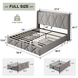 Feonase Full Bed Frame with 4 Storage Drawers, Upholstered Button Tufted Storage Headboard with Fast Charging Station, Heavy Duty Slats Support, No Box Spring Needed, Noise-Free, Light Grey Feonase
