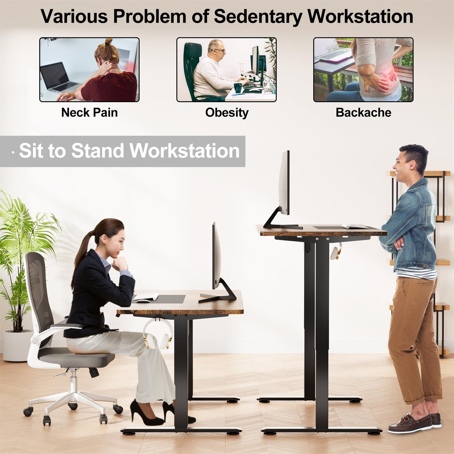 WOKA Electric Height Adjustable Electric Standing Desk, 55 x 28 Inch Sit Stand Desk with Memory Controllers, Stand up Desk for Home Office, Rustic Brown and Black Tabletop - WoodArtSupply