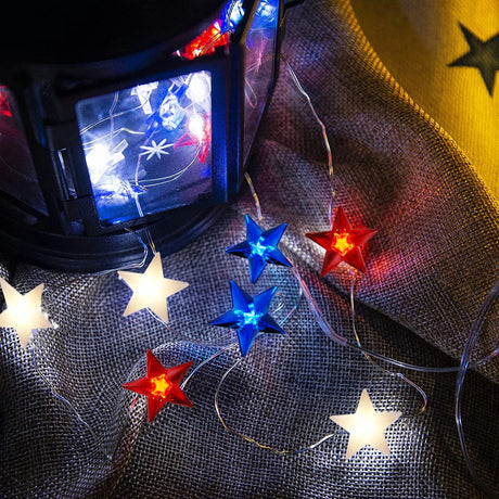4th of July Decorations Red White and Blue String Lights Battery Operated 16FT 50 LED Patriotic Fairy Lights with Timer & Remote for Independence Day Memorial Day Fourth of July Decor for Home Ineximun