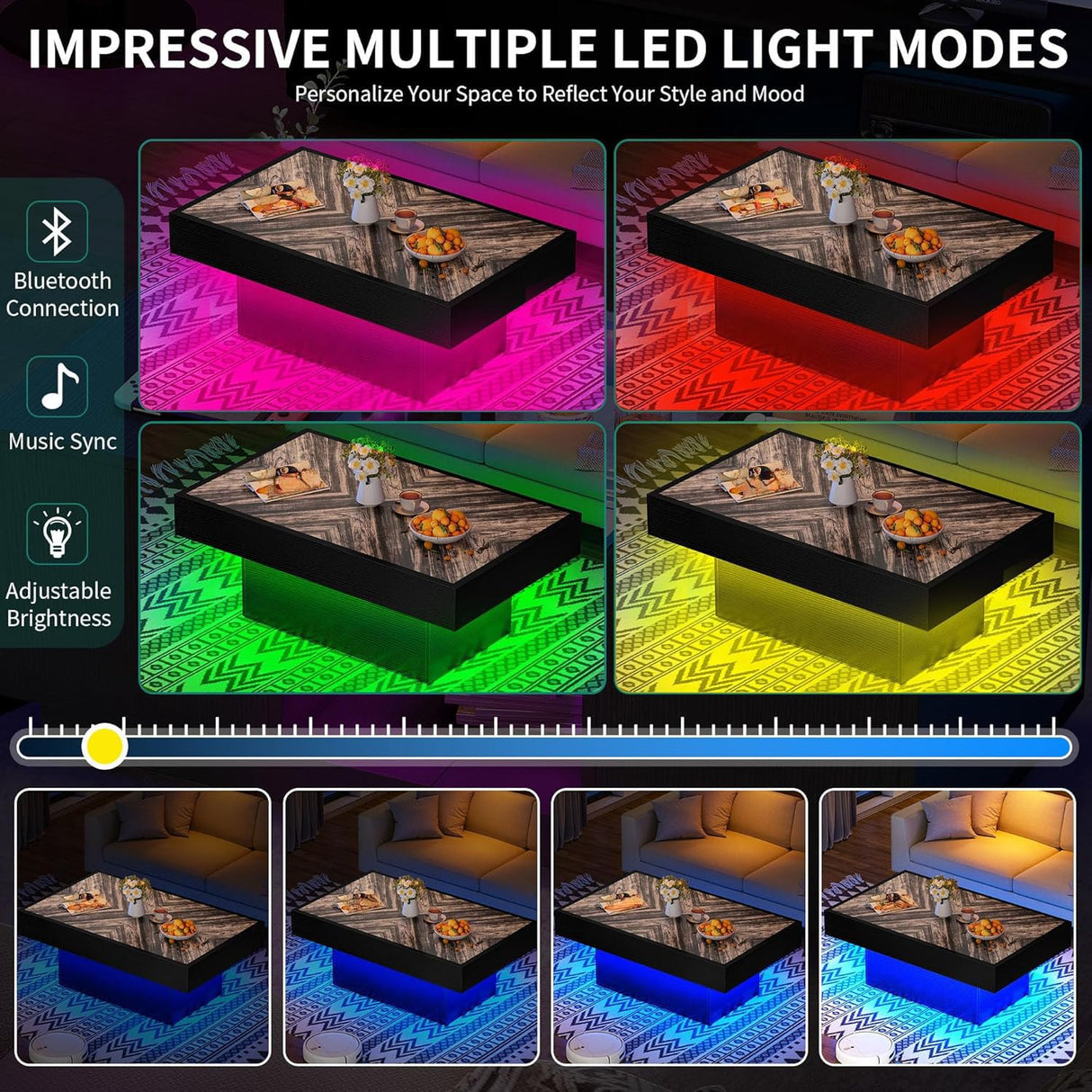 YITAHOME LED Game Coffee Table with 2 Drawers Storage, Rectangle Modern Gaming Black Coffee Tables Engineered Wood Low Coffee Tables for Living Room Decor, Farmhouse Rustic Center Table, Black YITAHOME