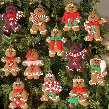 12pcs Gingerbread Man Ornaments for Christmas Tree, Assorted Gingerbread Figurines Ornaments, Christmas Tree Hanging Decorations, 3 Inch Tall kockuu