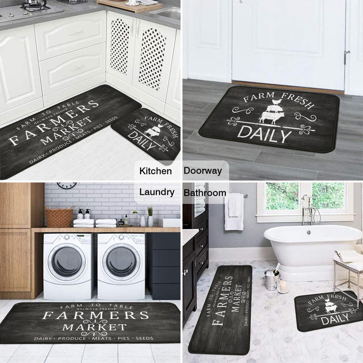 Farmhouse Kitchen Rugs Set of 2,Rustic Kitchen Rugs Farmhouse Style Mat Non-Slip Washable, Farmhouse Kitchen Decor Anti-Fatigue Floor Mat for Kitchen Sink Laundry Room, 17x30+17x47inch Black Twyt decor