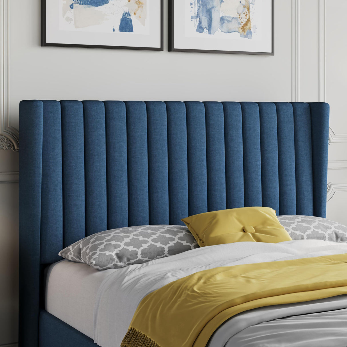 Yaheetech Full Size Bed Frame, Upholstered Platform Bed with Wing Edge Headboard, Square Tufted Fabric/Mattress Foundation/Wooden Slats Support/No Box Spring Needed/Easy Assembly/Navy Blue Yaheetech