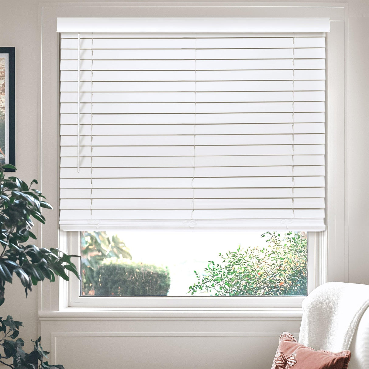 CHICOLOGY Faux Wood Blinds, 35'W x 84'H, Cordless, Blackout, Basic White CHICOLOGY