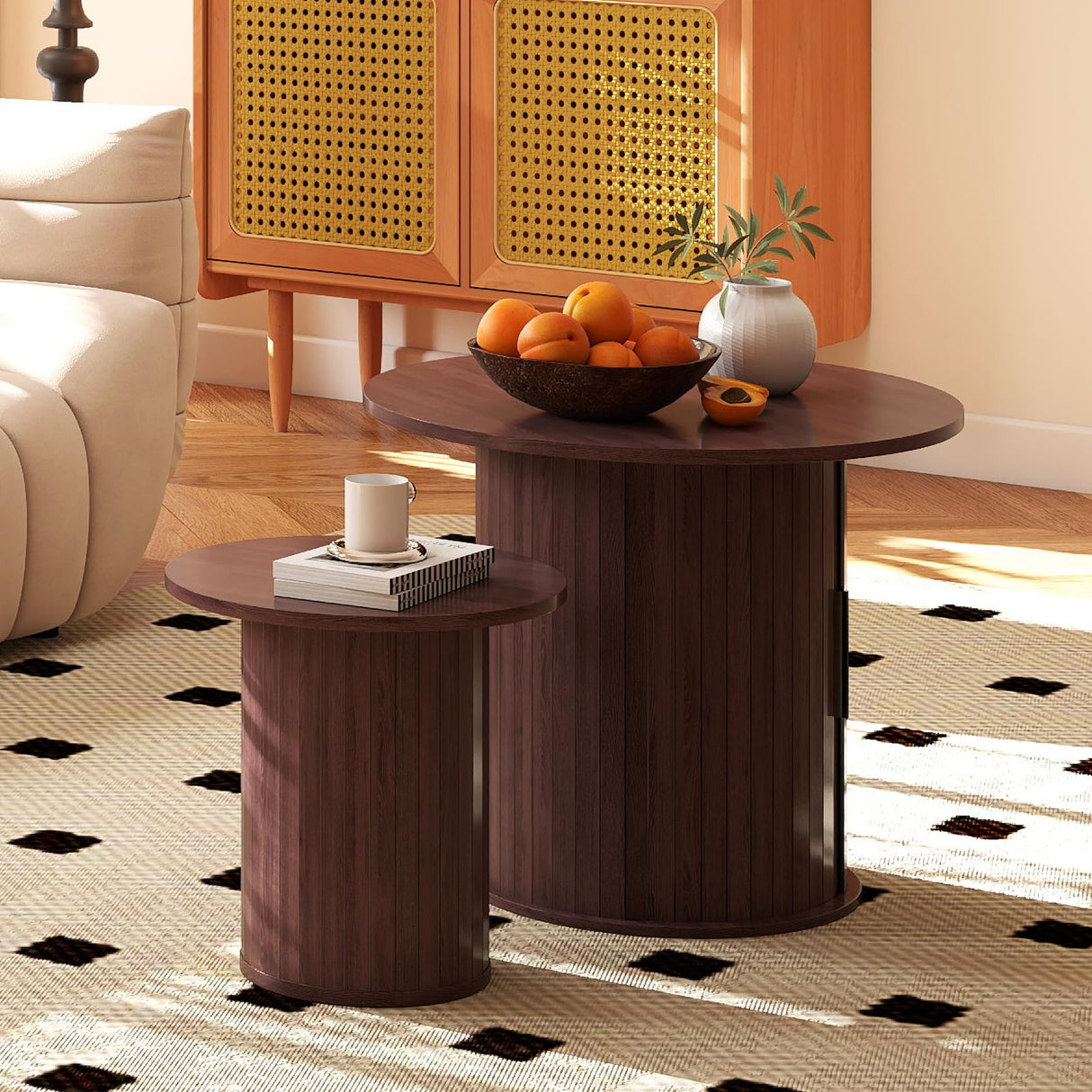 COSVALVE Nesting Coffee Table Set of 2 with Hidden Storage & Sliding Door, 23.6“ Circle Wood Coffee Table, Farmhouse Side & End Table Sets for Living Room, Small Spaces, Walnut COSVALVE