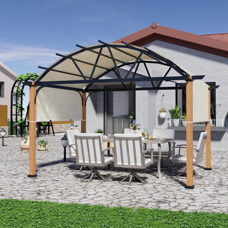 HAPPATIO 10' X 13' Outdoor Pergola with Sling Retractable Canopy and Woodgrain Aluminum Frame, Arched Pergola for Patio, Deck, Backyard, Garden HAPPATIO