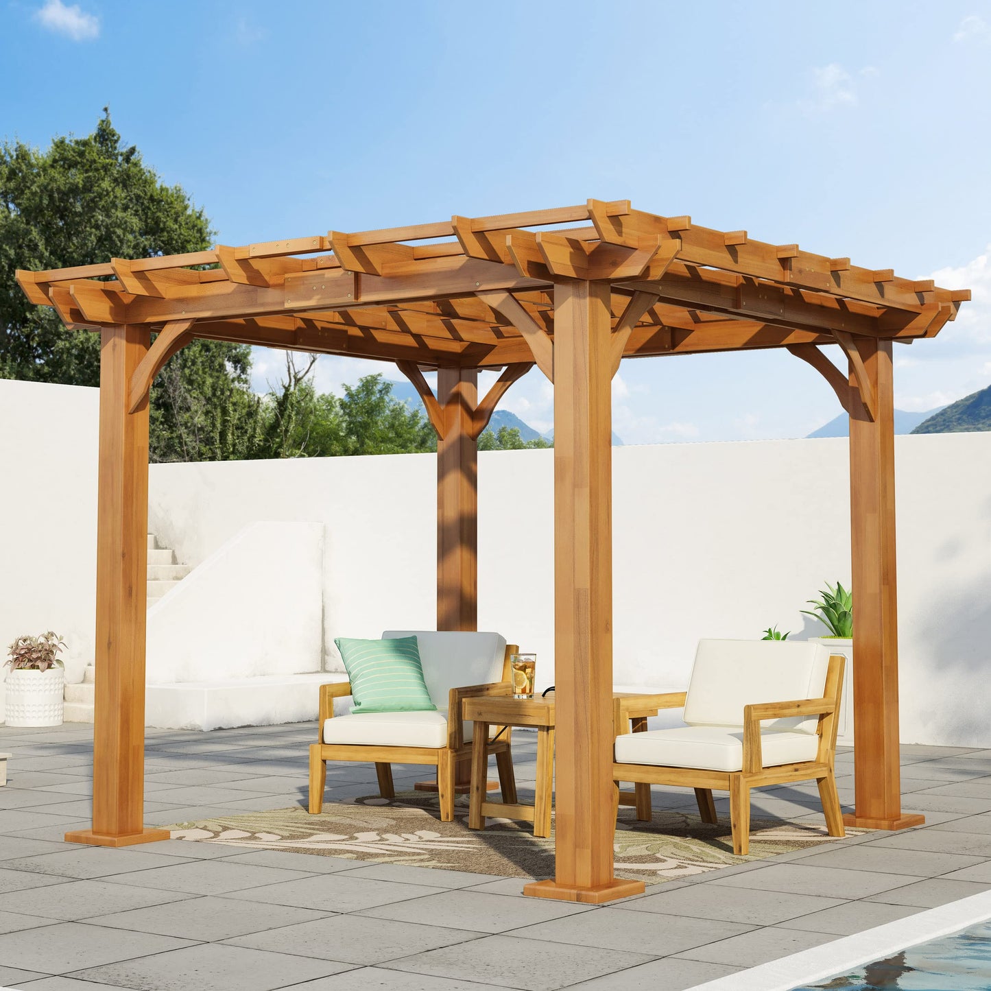 Thayer Outdoor 10' x 10' Pergola - Acacia Wood - Teak - WoodArtSupply