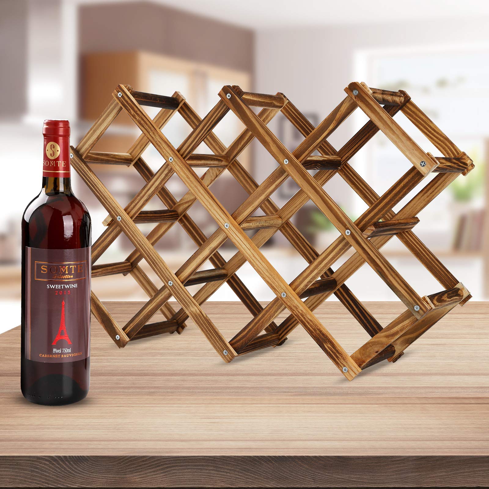 GADIEDIE Wine Rack,10 Bottles Foldable Free Standing Wooden Wine Rack,Countertop Wine Racks,Storage Wine Rack for Kitchen, Bars, Pantry, Wine Storage cabinets,Carbonized Wood Color - WoodArtSupply