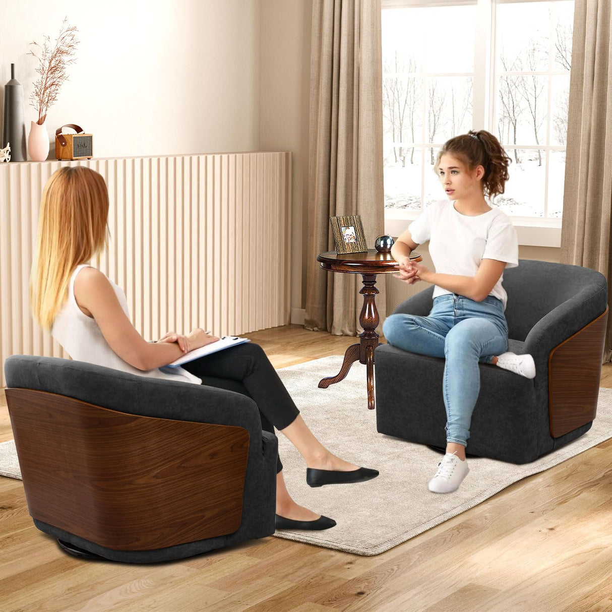 BALIAA 2pcs Swivel Accent Chair Faux Leather Swivel Barrel Chair Comfortable Mid Century Modern Chair Upholstered Metal Base Armchair for Living Room Bedroom Office Large Vintage Black BALIAA