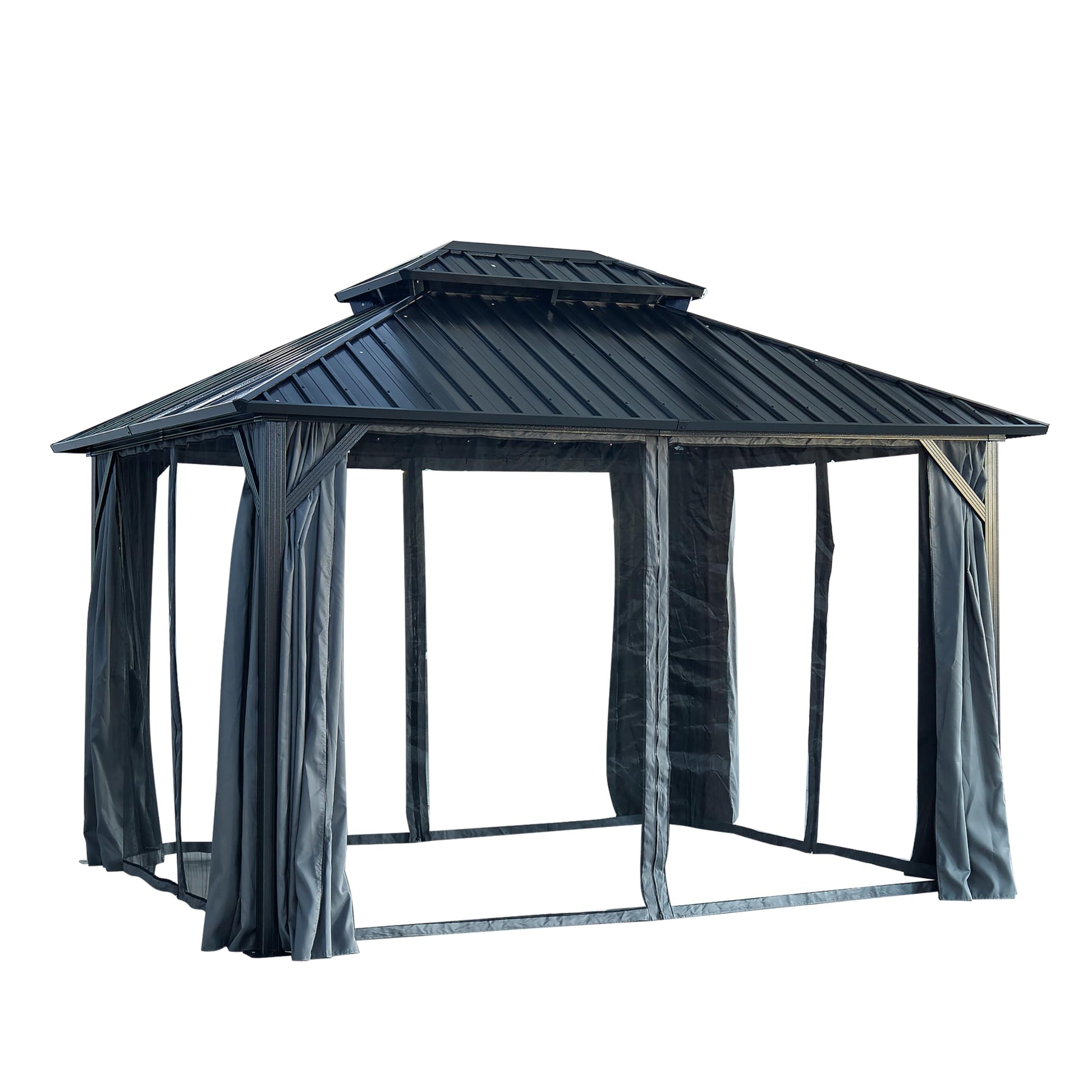 Zolyndo 10x12ft Outdoor Hardtop Gazebo with Netting and Curtains, Heavy-Duty Galvanized Aluminum Frame Gazebo with 2-Tier Waterproof Metal Roof for Patio, Backyard, Deck and Lawns, Black - WoodArtSupply