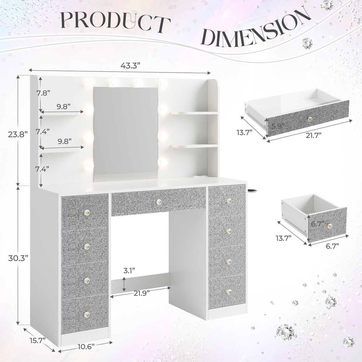 Vanity Desk with Mirror and Lights, Diamond Edition Vanity Desk with 9 Drawers and 6 Storage Shelves Dressing Table, Vanity Desks with Power Outlet and 3 Color Modes 10 LED Bulb for Girls Bedroom Dowinx