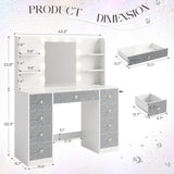 Vanity Desk with Mirror and Lights, Diamond Edition Vanity Desk with 9 Drawers and 6 Storage Shelves Dressing Table, Vanity Desks with Power Outlet and 3 Color Modes 10 LED Bulb for Girls Bedroom Dowinx