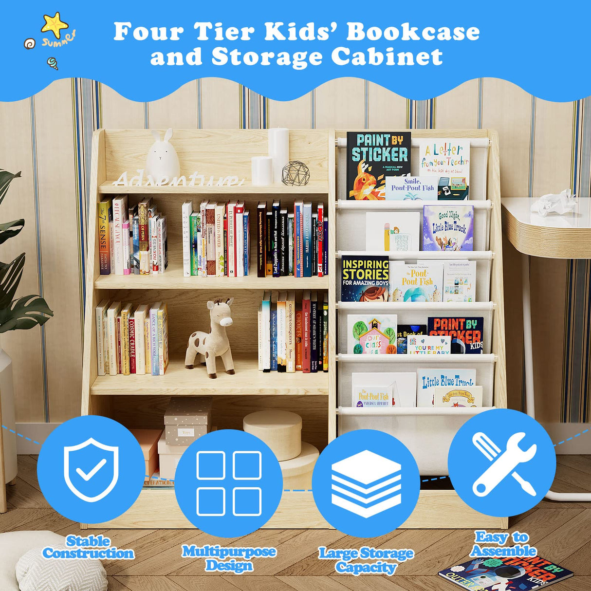 HedoAjim 4 Tier Kids Wooden Bookshelf,Five Layer Sling Children Bookcase,Baby Storage Book Rack,Book and Toy Organizer Cabinet Chest,Book Display Shelf,Playroom Nursery Classroom Library HedoAjim
