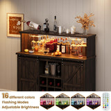 4ever2buy Farmhouse Wine Bar Cabinet with LED Light & Mirror, 47” Buffet Sideboard with 4 Glass Hooks & 9 Wine Racks, Coffee Bar Cabinet with Sliding Barn Door for Kitchen Dining Living Room, Brown 4ever2buy