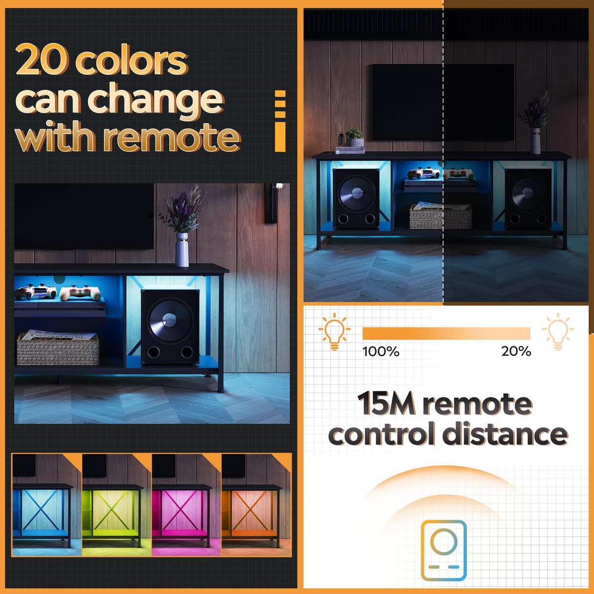 WLIVE TV Stand up to 65 Inch TV, 55" Entertainment Center with LED, Industrial TV Console with Glass Shelf for Living Room and Bedroom, Black WLIVE