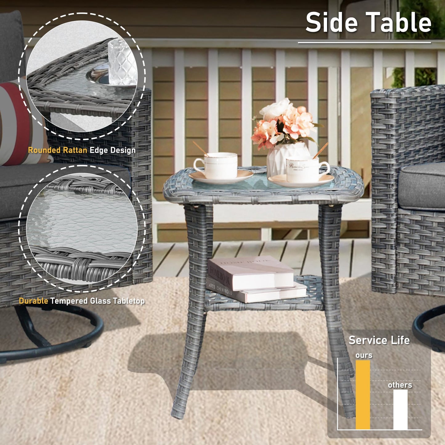 HOOOWOOO Wicker Patio Conversation Sets,8 Piece Outdoor Furniture Set with Swivel Rocking Chairs,All Weather Resistant Modern Outside Out Door Rattan Couch Chairs Side Table Set,Charcoal Gray - WoodArtSupply