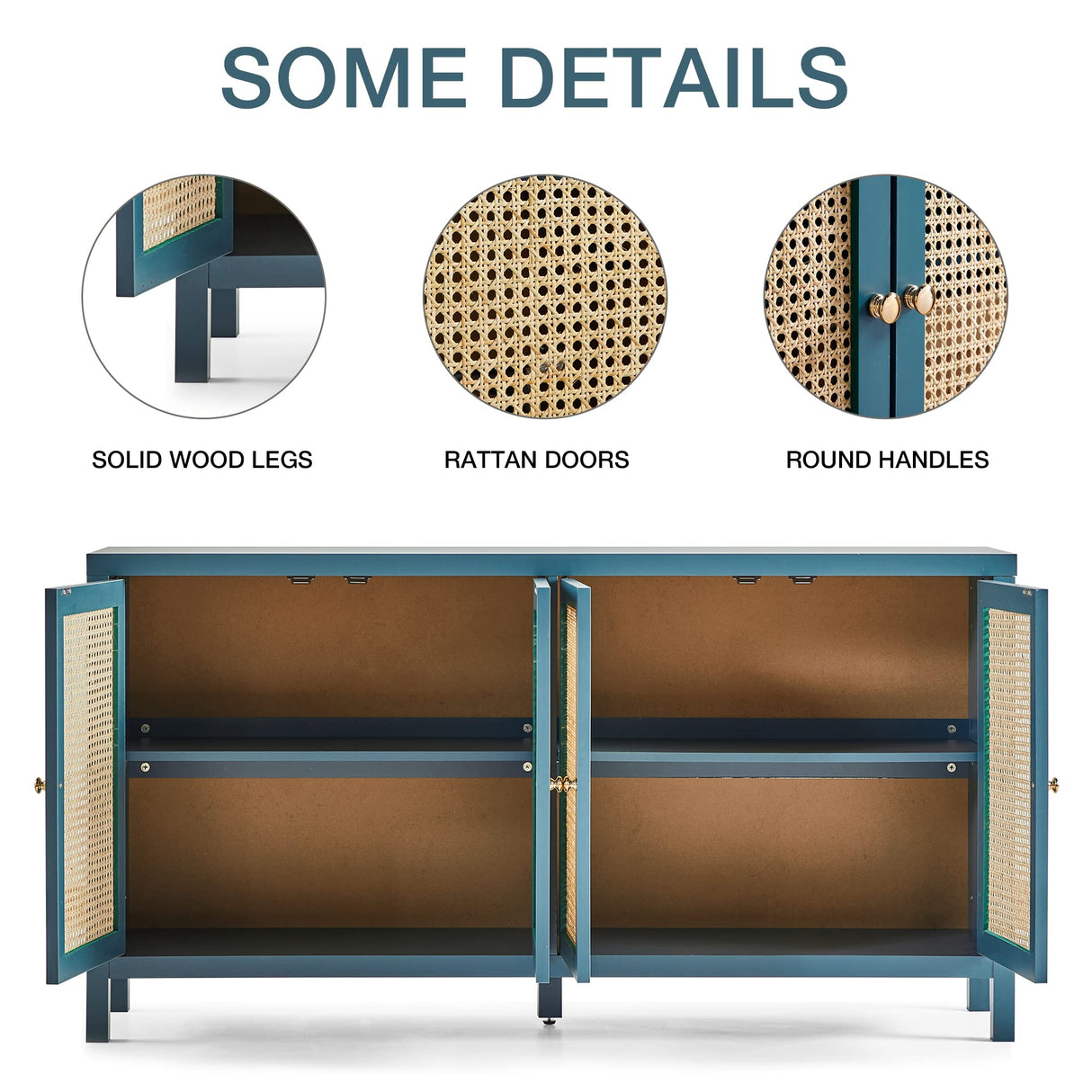 QHITTY Sideboard Buffet Cabinet, Rattan Accent Cabinet Storage Cabinet Console Table with 4 Doors and Adjustable Shelves for Kitchen, Dining Room, Living Room, Hallway (Blue) QHITTY
