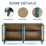 QHITTY Sideboard Buffet Cabinet, Rattan Accent Cabinet Storage Cabinet Console Table with 4 Doors and Adjustable Shelves for Kitchen, Dining Room, Living Room, Hallway (Blue) QHITTY