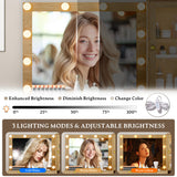 Fluted Vanity Desk with Mirror and Lights, 45" Glass Top Makeup Table Set with 5 Drawers, Power Outlet & Storage Cabinet, Large Dressing Table with RGB Ambient Light for Bedroom Women Girls, Oak Xixini