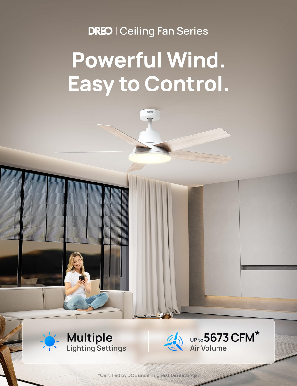 Dreo Smart Ceiling Fan with Lights, 52 Inch, 12 Speeds & 3 Fan Modes, Stepless Color Tones, Dimmable LED Light, 12H Timer, Quiet DC Motor, Remote/APP/Alexa Control, White Ceiling Fans Indoor Dreo