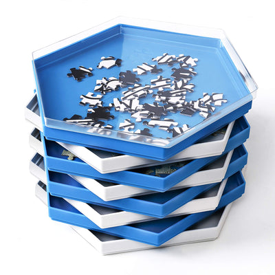 Becko US Stackable Puzzle Sorting Trays Jigsaw Puzzle Sorters with Lid Puzzle Accessory for Puzzles Up to 1500 Pieces, 8 Hexagonal Trays in White & Blue