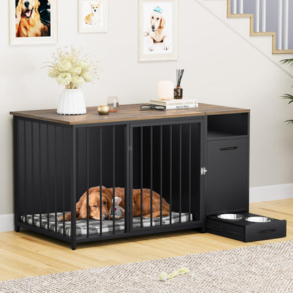 YITAHOME Dog Crate Furniture with Feeder Bowls, 55" Large Breed Dog Kennel with Storage Drawer, Heavy Duty Dog House TV Stand Indoor for Medium Dogs, Black