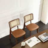 Art Leon Ash Wood Rattan Dining Chairs Set of 2, Genuine Leather Kitchen Chairs, Mid Century Modern Dining Room Chairs with Rattan Back, Armless Side Chairs with Walnut Wood Frame, Brown Art Leon