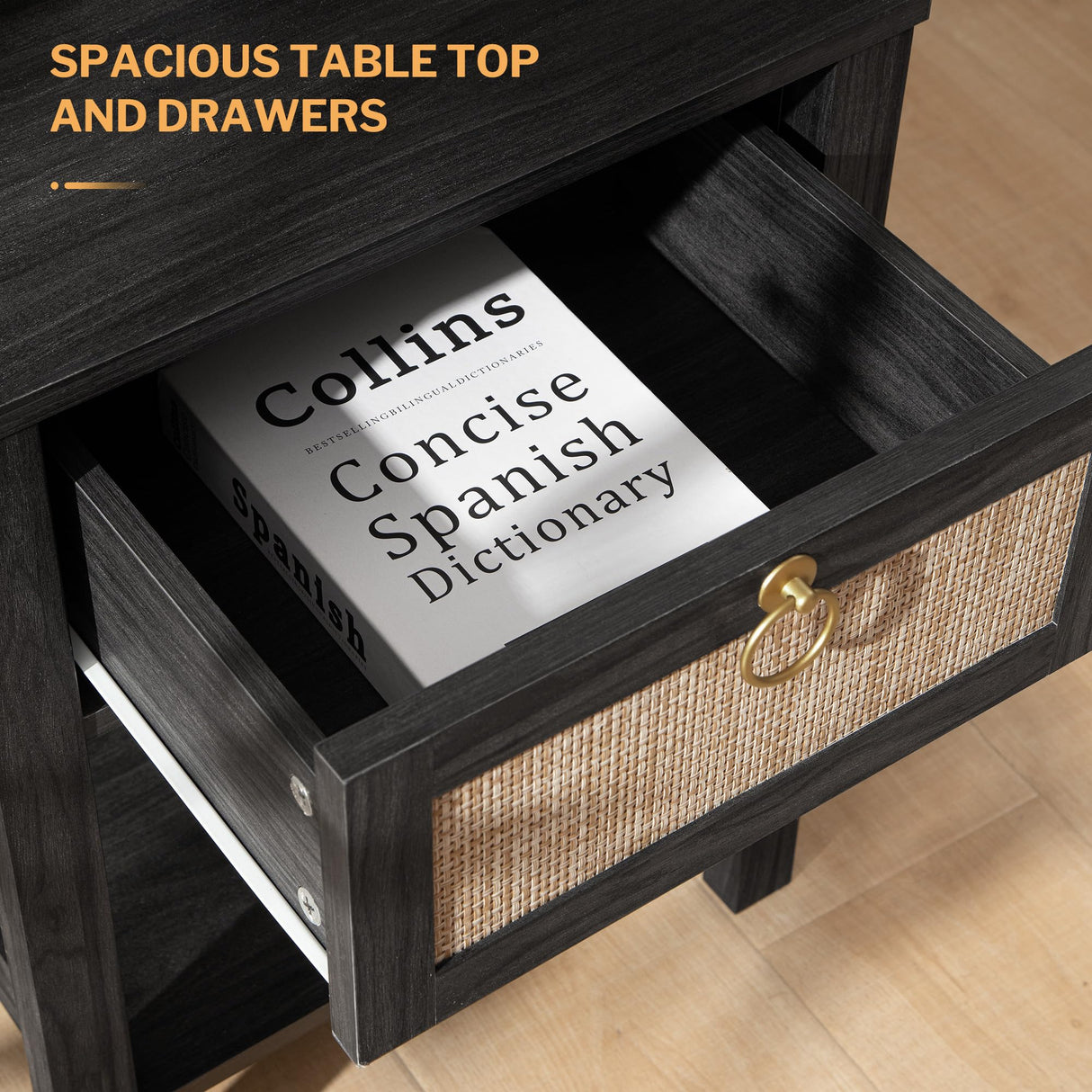 SICOTAS Black Nightstand Set of 2 - Rattan Decor Drawer with Brass Knobs Night Stand Wood Bedside Table Boho End Tables Side Tables with Storage Shelf SICOTAS