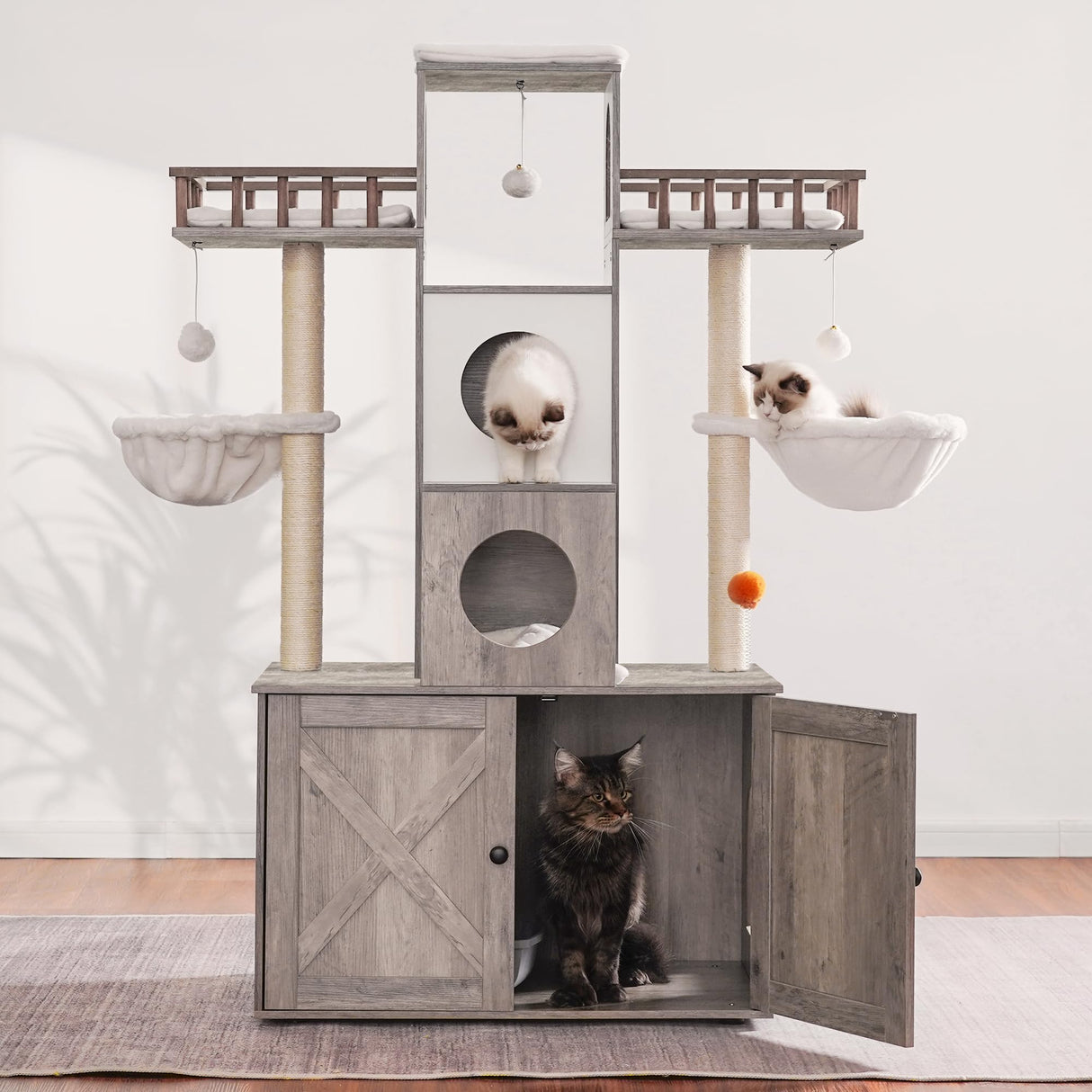 Heybly Cat Tree with Litter Box Enclosure for Indoor Big Cat, Cat Tower for Large Cats 20 lbs Heavy Duty, Modern Cat Condo Furniture with Scratching Posts, Rustic Gray HCT110SG Heybly