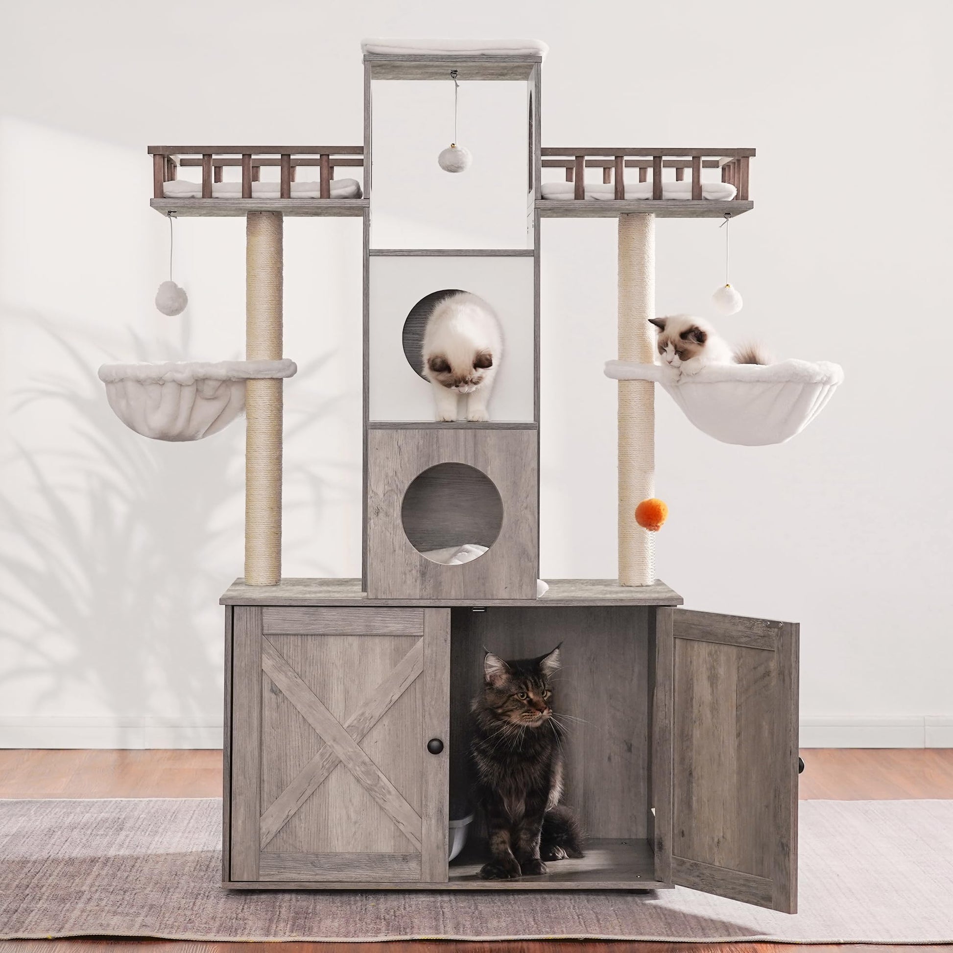 Heybly Cat Tree with Litter Box Enclosure for Indoor Big Cat, Cat Tower for Large Cats 20 lbs Heavy Duty, Modern Cat Condo Furniture with Scratching Posts, Rustic Gray HCT110SG - WoodArtSupply