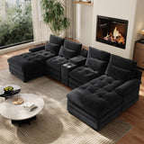 OUYESSIR 134" U Shaped Sectional Cloud Couch,Tufted Couch with Chaise Lounge,Fluffy Black Sectional Couches for Living Room,Comfy Chenille Modular Sofa with Central Console & USB Port OUYESSIR