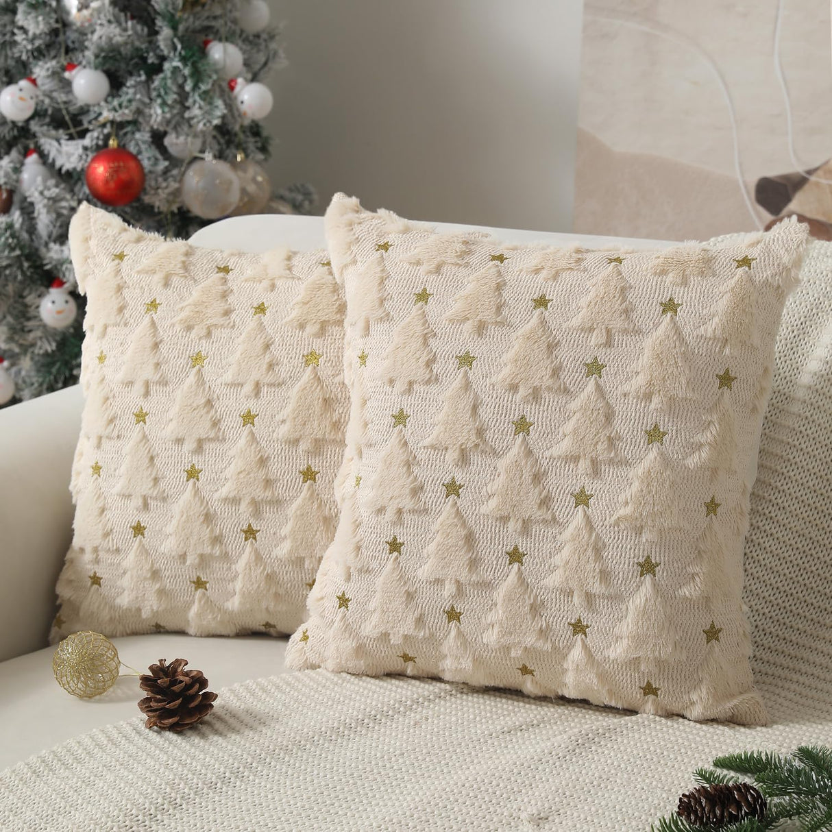 Allorry Christmas Pillow Covers 18 x 18 inch Set of 2 Beige Christmas Tree Pillow Covers Decorations Plush Faux Fur Soft Cushion Case for Winter Xmas Holiday Home Bedroom Sofa Decors PT004-C18 Allorry