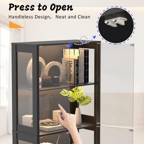 BlueWish 70" Display Cabinet with Glass Doors, 4-Tier Curio Cabinet with 3 Color LED Lights for Collectibles, Glass Display Case with Human Body Sensor, Storage Cabinets for Living Room, Office, Black BlueWish
