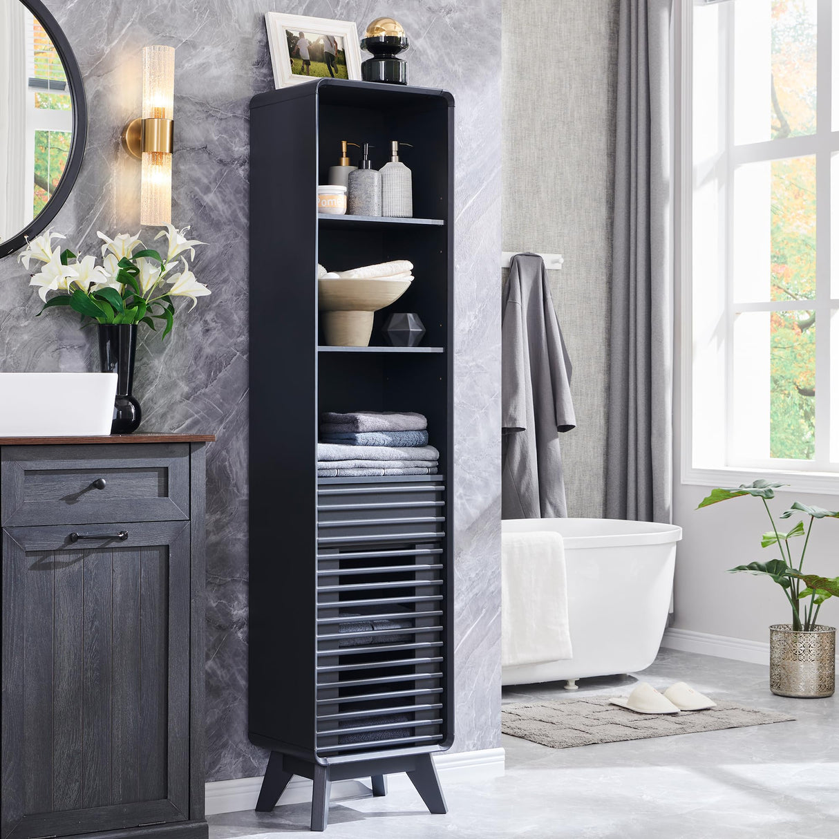 OKD 68" Tall Bathroom Storage Cabinet, Mid-Century Linen Tower with Drawer, Adjustable Shelf, Slatted Hinged Door, Curved Edges, Space-Saving Organizer for Bathroom, Kitchen, Living Room - Dark Grey OKD