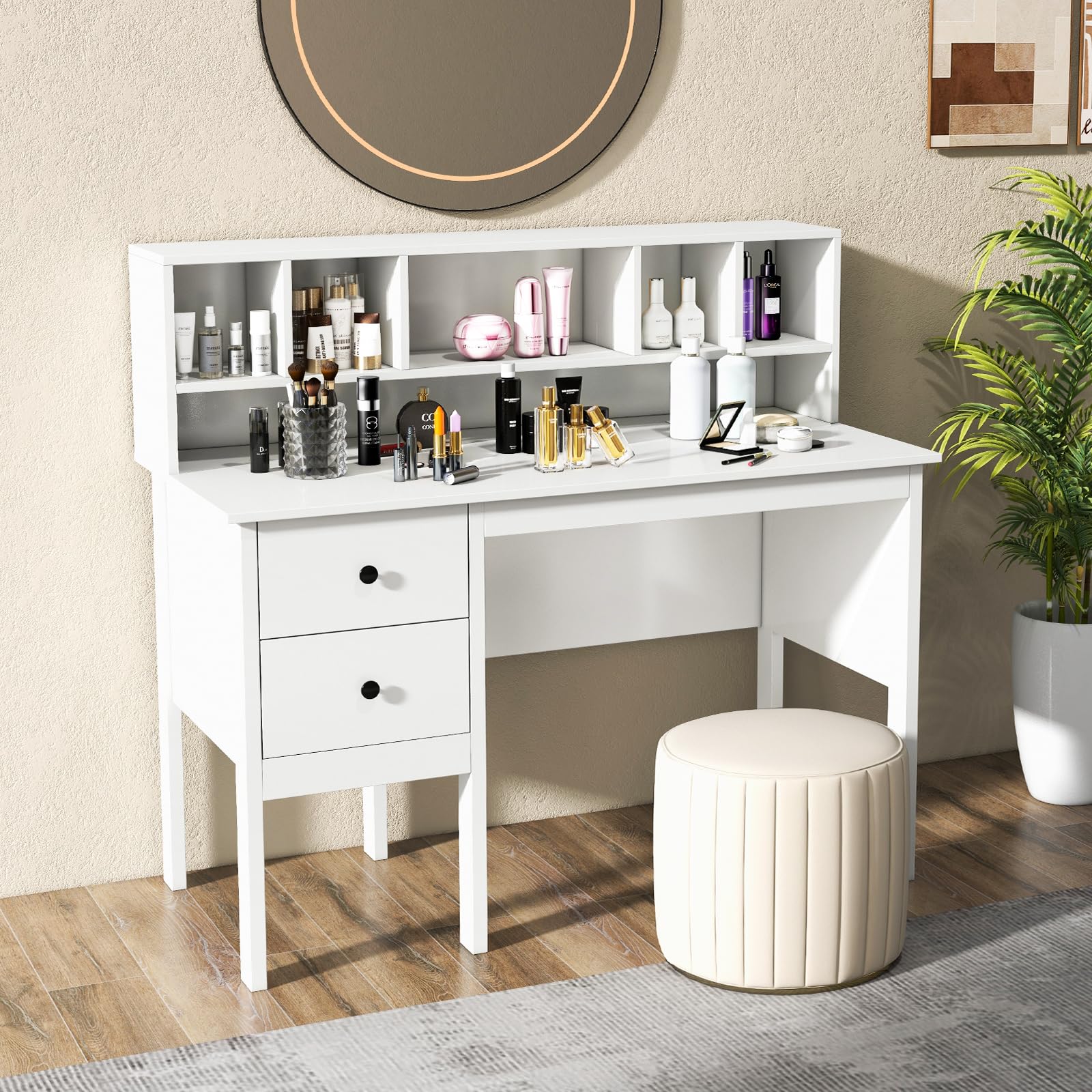 Tangkula White Desk with Drawers & Hutch, Modern Home Office Desk Writing Study Desk with Charging Station, Laptop Desk with 5 Storage Compartments, Computer Workstation Makeup Vanity Desk - Thumbnail 4