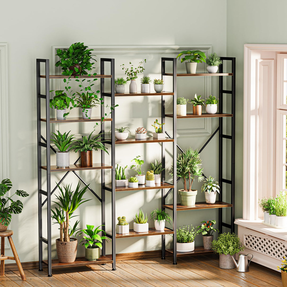 SUPERJARE Triple 5 Tier Bookshelf, Bookcase with 14 Open Display Shelves, Wide Book Shelf Book Case for Home & Office, Rustic Brown SUPERJARE