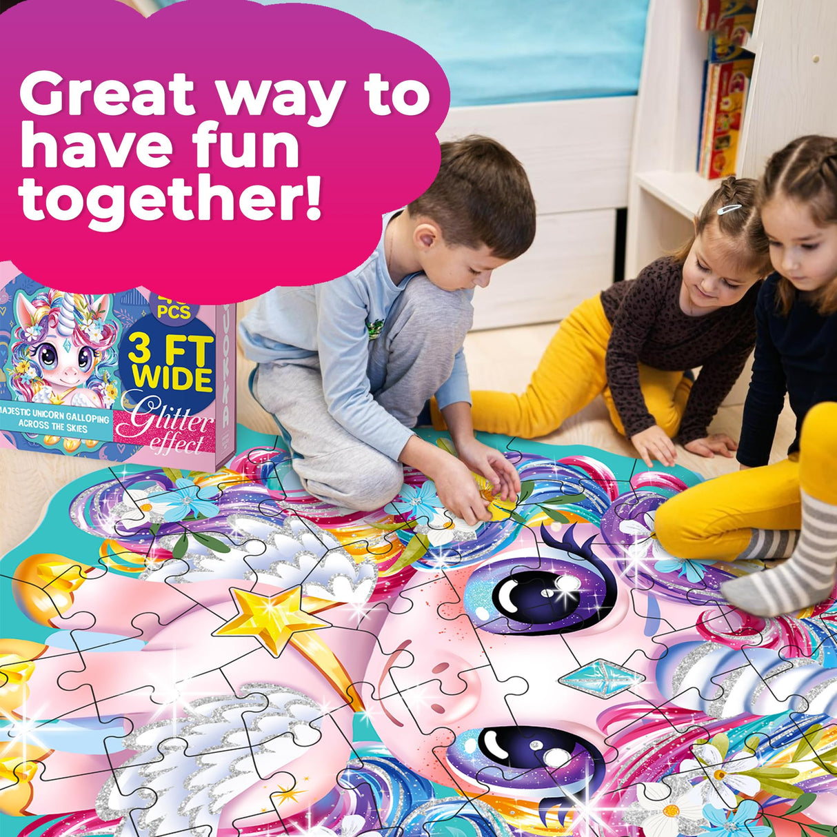 QUOKKA Glitter Floor Puzzles for Kids Ages 3-5 - 2x3 FT 48 Pcs Puzzles for Toddlers 2-4 - Shaped Large Giant Educational Toddler Puzzles Ages 24+ Months - Unicorn Toy Activity Game for Boys and Girls QUOKKA