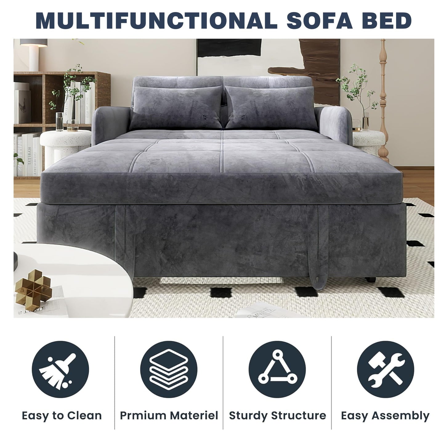 SumKea Sleeper Sofa Couch Bed, 55.8'' Convertible Pull Out Bed Couches with USB, 3 in 1 Velvet Fabric Futon Loveseat, Pillows, Pockets for Living Room Apartment, Gray