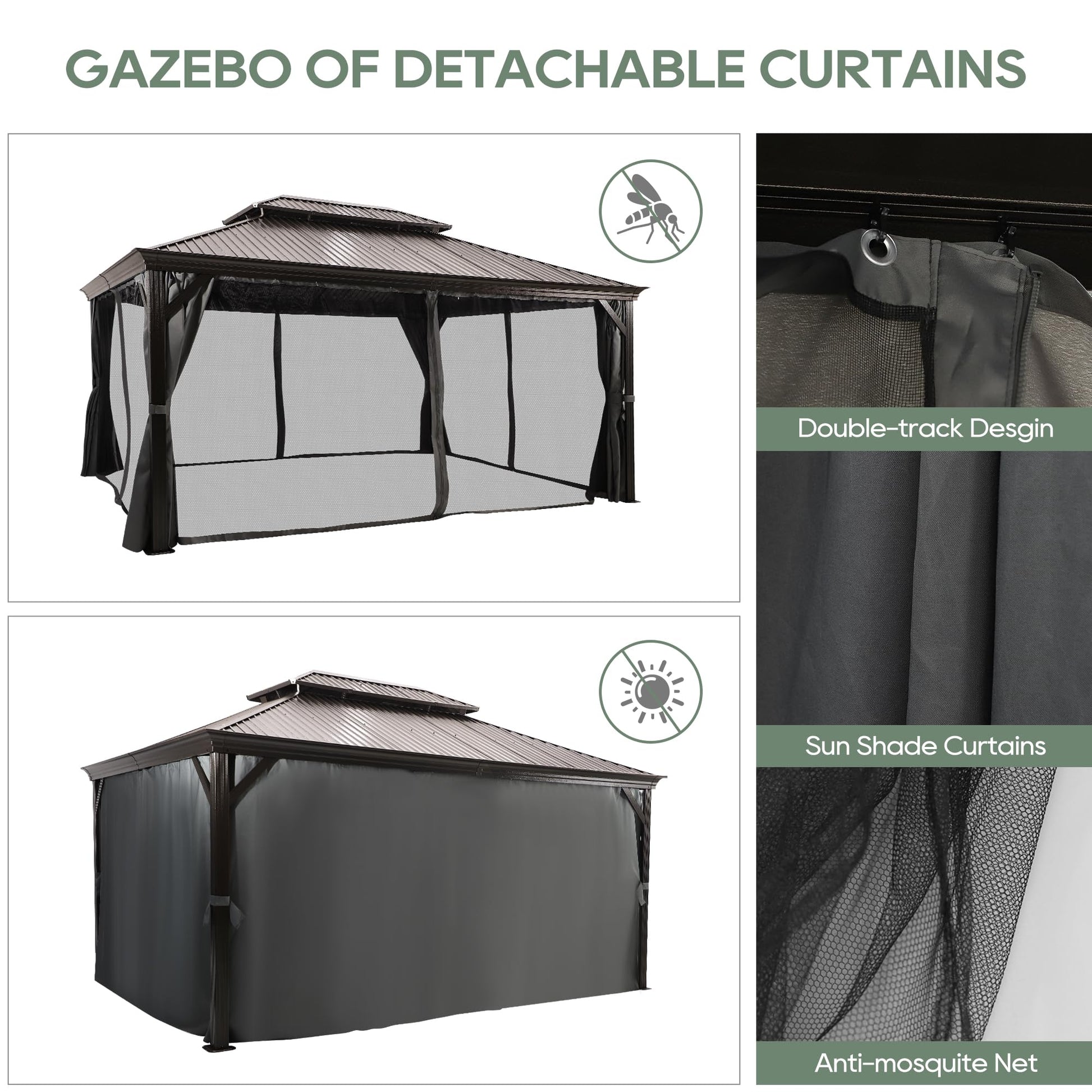 Sumshadow 12'x16' Hardtop Metal Gazebo, Outdoor Galvanized Steel Double Roof Canopy, Aluminum Patio Gazebo with Netting and Curtains for Patio, Lawns, Deck, Backyard,Grey - WoodArtSupply