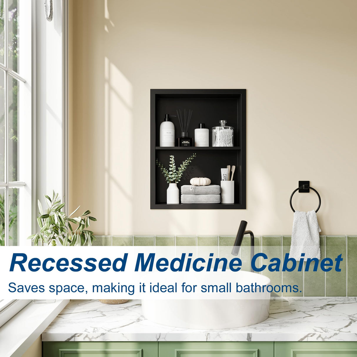 Qeke 14x18 Medicine Cabinet Recessed, Medicine Cabinet Without Mirror, 304 Stainless Steel Medicine Wall Niche with Double Shelves, Matte Black Qeke