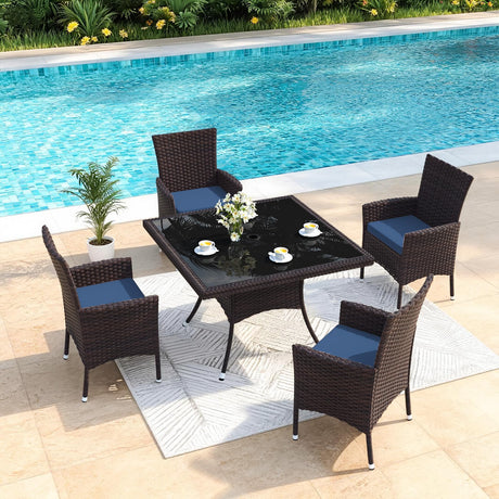 Gotland 5-Piece All-Weather Rattan Patio Dining Set with Tempered Glass Table, Tilt Backrest, Umbrella Hole, and Removable Cushions for Lawn, Deck, Backyard Gotland