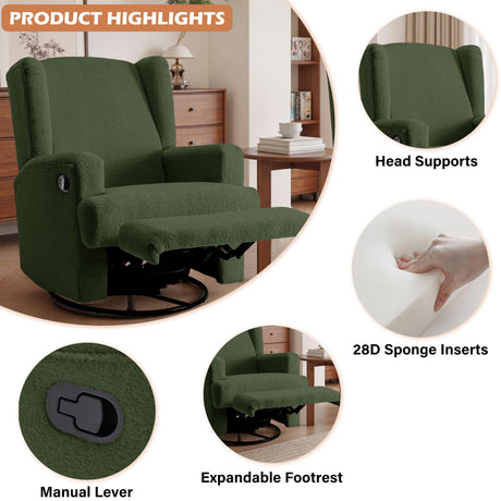 UIXE Swivel Glider Recliner Chairs Set of 2, Boucle High Back Accent Chair Nursery Rocker for Living Room, Upholstered Manual Reclining Sofa Seating with Deep Seat - Green UIXE