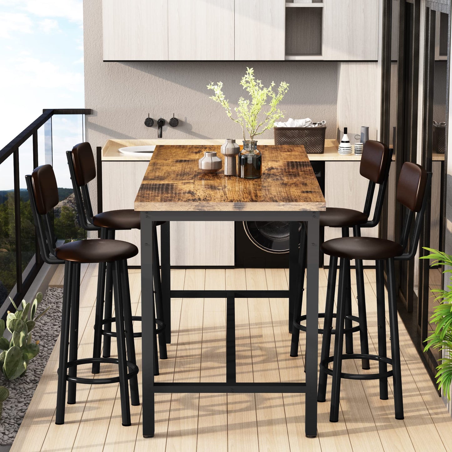 Lamerge Industrial Wood Bar Table Set with 4 Ergonomic Chairs - Space-Saving Kitchen Dining Furniture - WoodArtSupply