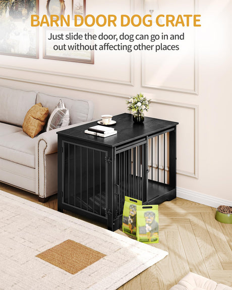 Hzuaneri 39.3" Dog Crate Furniture with Barn Door, Heavy Duty Dog Kennel Indoor with 2 Doors, Wooden Pet Cage End Table for Large Small Medium Dogs, Anti-Chew Anti-Escape, Black DFC02304B Hzuaneri