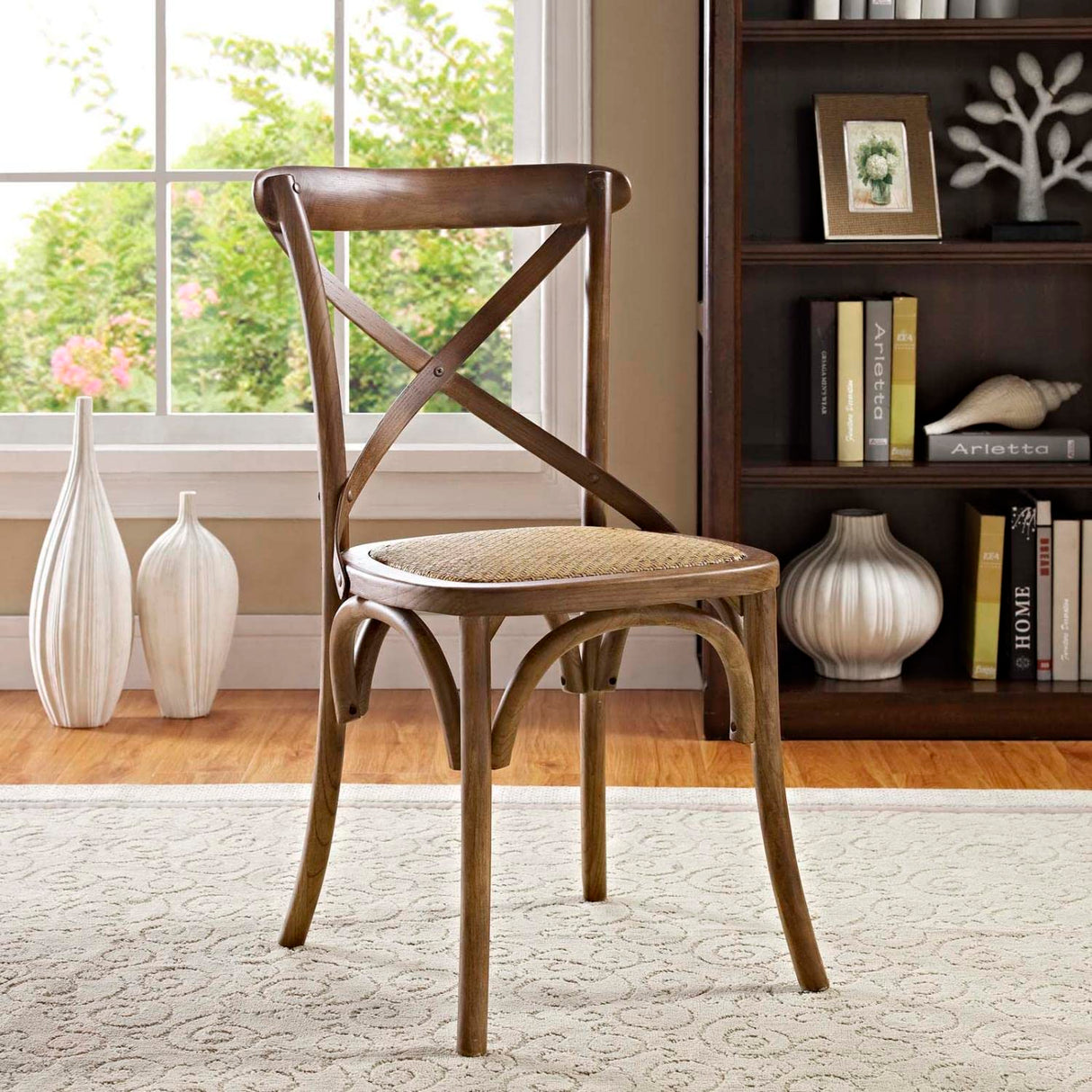 Modway Gear Rustic Modern Farmhouse Elm Wood Rattan Dining Chair in Walnut Modway