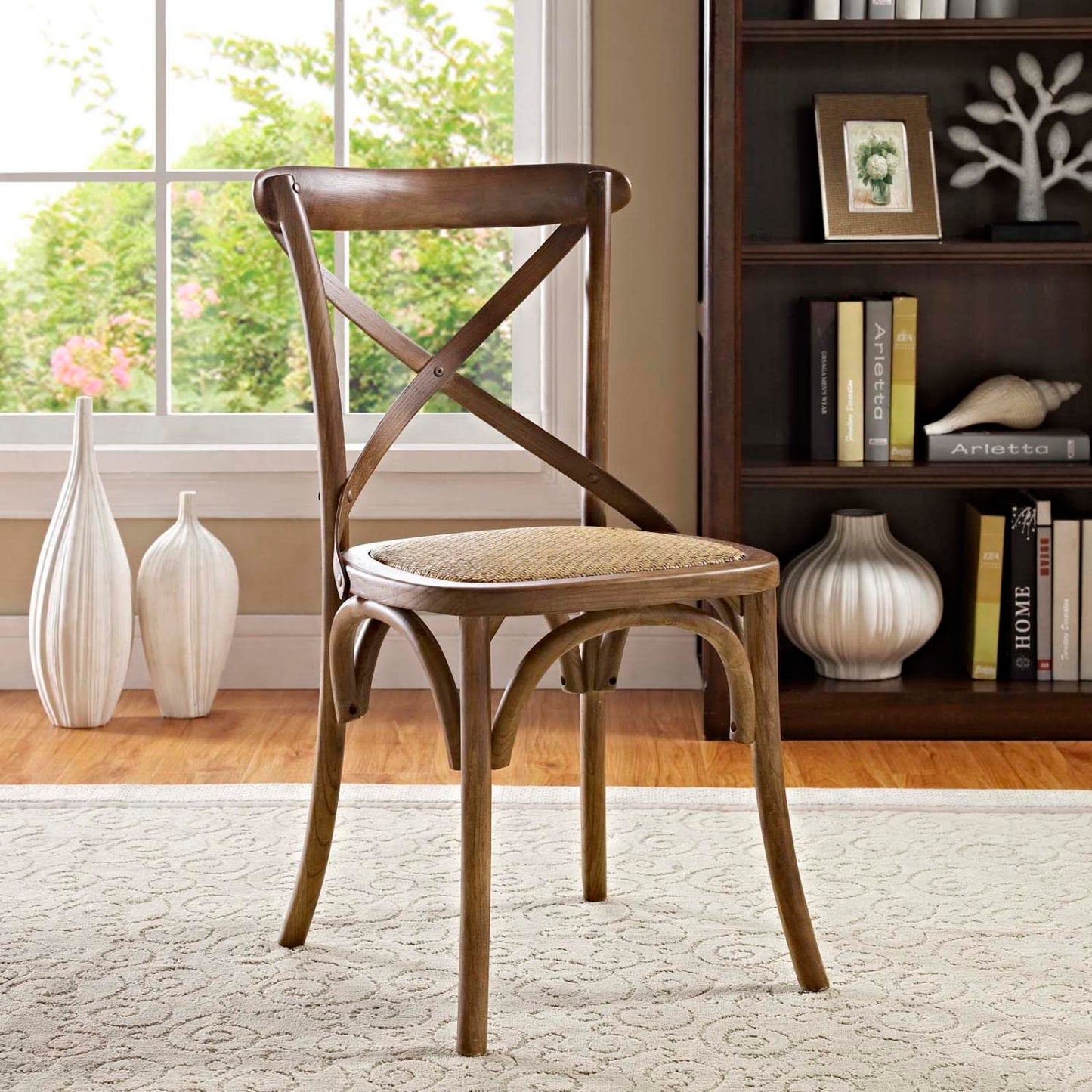 Modway Gear Rustic Modern Farmhouse Elm Wood Rattan Dining Chair in Walnut - WoodArtSupply