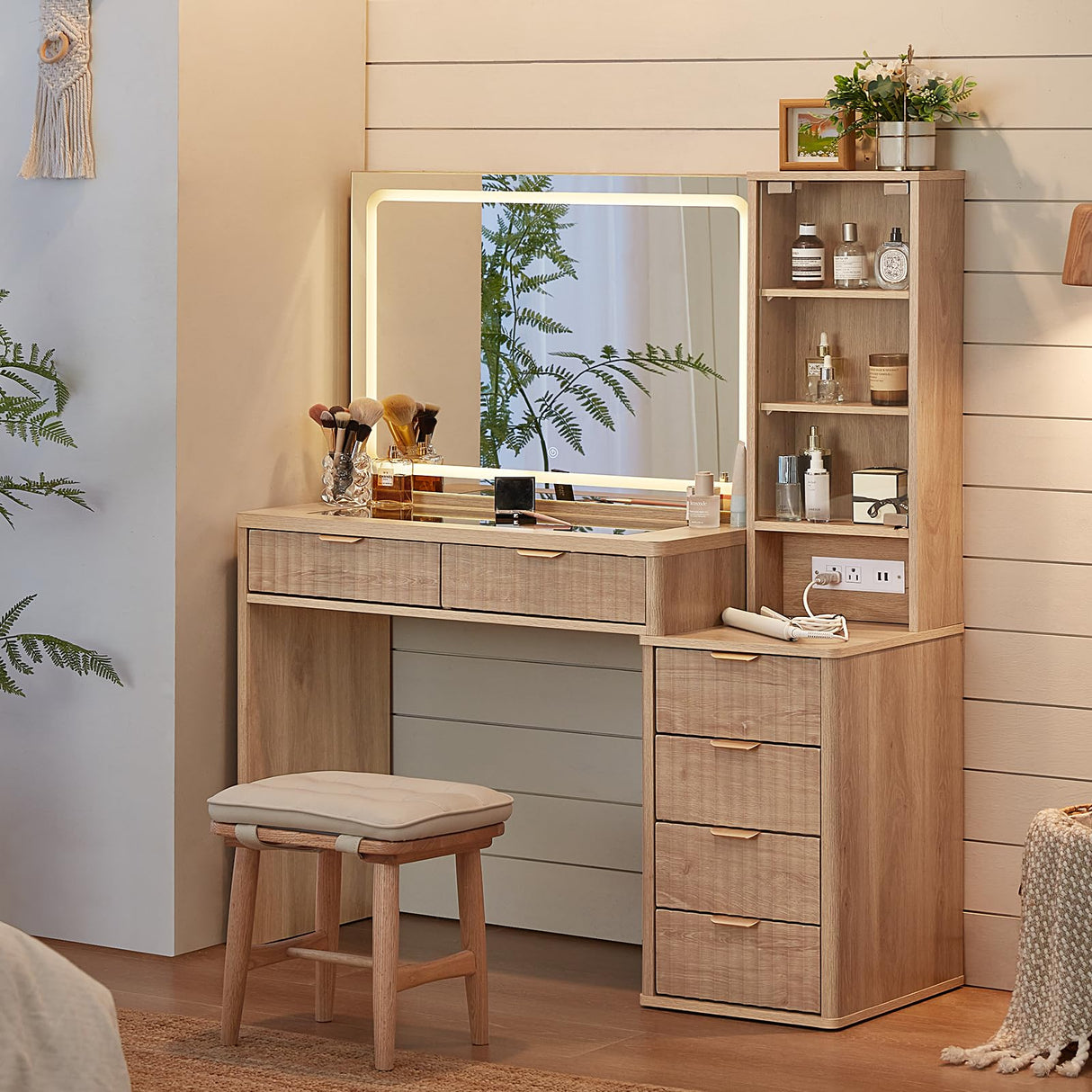 LEYAOYAO Vanity Desk with Mirror and Lights, 43.5'' Fluted Makeup Vanity with 6 Drawers and Adjustable Shelves, Natural Wood Make Up Vanity Dressing Table with Glass Top and Power Outlet for Bedroom LEYAOYAO