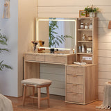 LEYAOYAO Vanity Desk with Mirror and Lights, 43.5'' Fluted Makeup Vanity with 6 Drawers and Adjustable Shelves, Natural Wood Make Up Vanity Dressing Table with Glass Top and Power Outlet for Bedroom LEYAOYAO